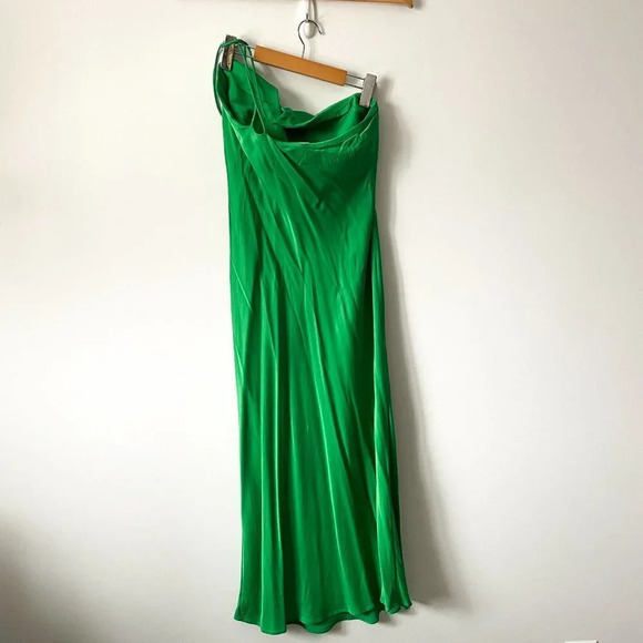 MANGO Asymmetrical Satin Effect One Shoulder Long Dress Green Size  Small - Picture 14 of 16